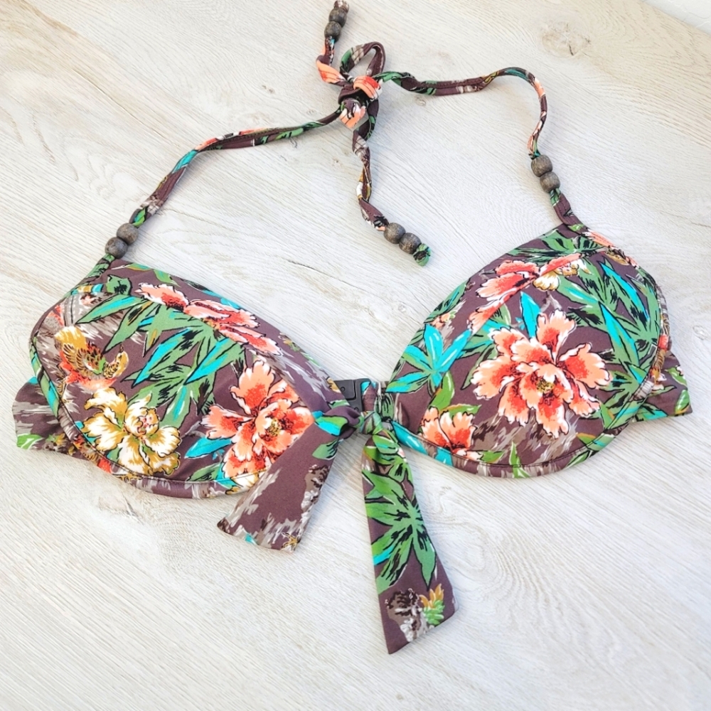 💕 2Chillies Brown Floral Print Swimming Top Women's Size 8